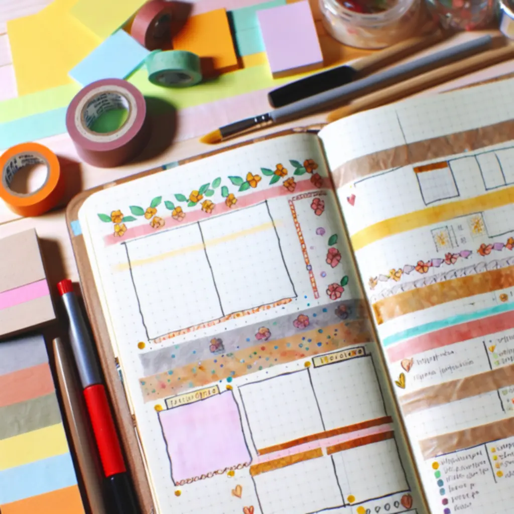 Strona bullet journal ozdobiona taśmami washi i nagłówkami markerem