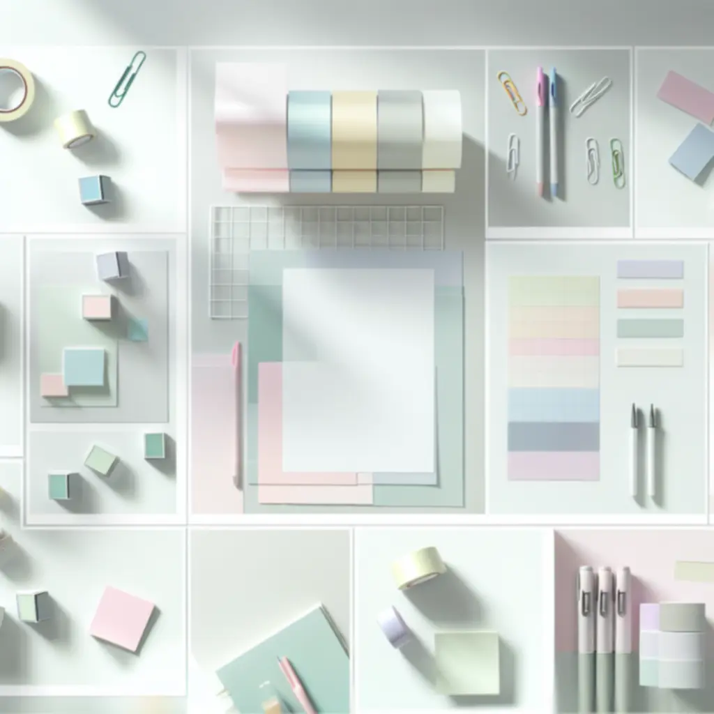Starannie ułożone akcesoria papiernicze: taśmy washi, cienkopisy i karteczki w pastelowych kolorach.